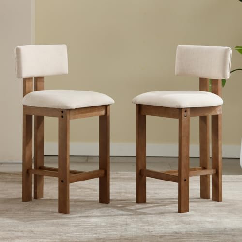 chairus Tabourets de Bar Vintage en Bois Lot de 2 Chaise de Bar en Lin, Pied en Bois Massif, Coussin Confortable, Chaise Haute Bar 66cm pour Comptoir, Beige