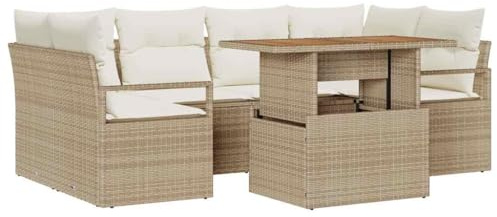 vidaXL Garten-Sofa-Set 7 pcs Beige und Creme 100 x 55 x 73 cm, Garten und Terrasse, modernes Rattan-Möbelset, wetterfeste Polster, Bequeme Loungemöbel, tolle Sitzgelegenheit