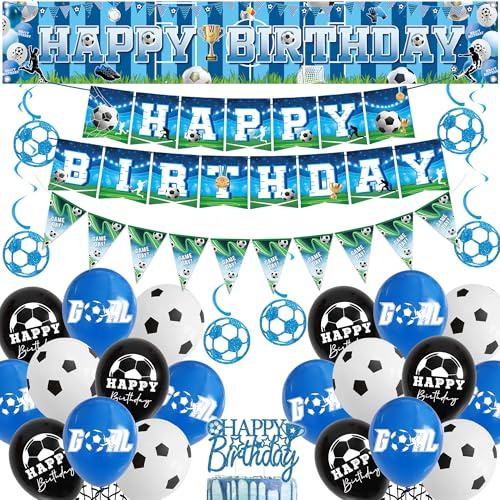 Football Birthday Decorations Party Balloons - Blue Soccer Happy Birthday Cake Topper Banner Latex Balloon Hanging Swirls, Sports Theme Bunting Party Decoration for Boys and Fans