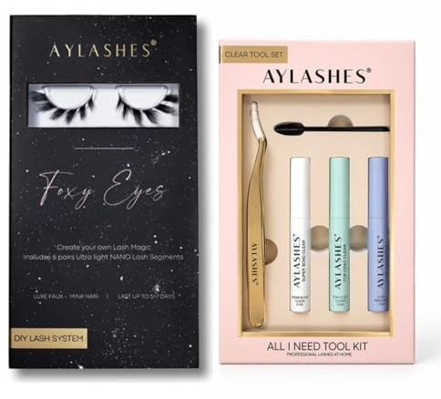 AYLASHES Starter Kit Foxy Eyes mit Wimpernkleber, Remover, Top Coat und Applicator, 6 Paar Wimpernextensions mit bis zu 7 Tage Halt
