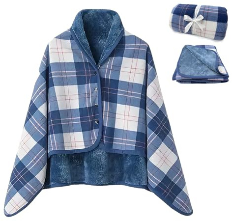 OUYULAI Damen Poncho Fleece Tragbare Decke, Karierte Schoßdecke Bequemer Poncho Plüschdecken Überwurf Schal Wickelbezug Umhang mit Knöpfen, Ein tolles Geschenk für Mama perfekt für Bett Sofa und Büro