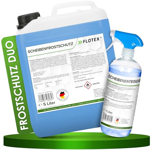 Flotex® Scheibenfrostschutz 5L + Enteiserspray 1L, Frostschutzmittel | Frostschutz-Konzentrat pur -30 °C plus Enteiserspray | schlierenfrei | löst Salz und Kalk