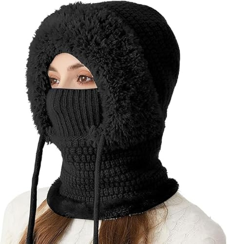 Ziswin 2026 Neu 3-in-1-Beanie Mütze mit Schal und Maske, Damen Strickmütze mit Fleece Gefüttert, Winterschal, Maske, Set, Schneekappen