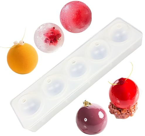 duoyif Moule en silicone sphere boule 3D, Ø 48 mm 5 cavités Moule à chocolat sphere avec couvercle, Sans BPA, Moules à Sphères Balle pour chocolat boules de glaçons mousse gelée (blanc, balle Ø48mm)