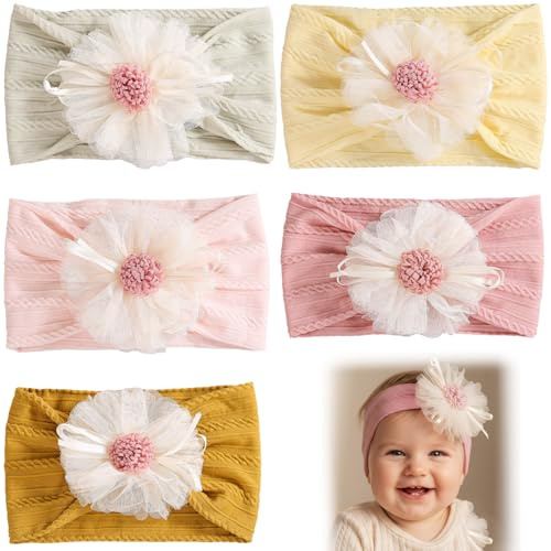 5 Pezzi Fasce Bambina, Accessori Neonata, Fiori di Pizzo Fascia Capelli Bambina in Nylon Elasticizzato Regalo Per Bambini Per Foto, Fascia Neonato per Capelli, Morbido Copricapo per Bambini Neonati