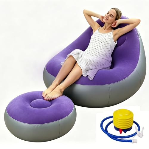 Shyllin Luftsofa, Campingsofa mit Fußhocker, Tragbare Flocking Aufblasbare Couch, Aufblasbarer Sessel, Pool Sessel, Airlounge, Sitzsack Outdoor, für Camping, Zuhause (2, Hellviolett, 1 Person)