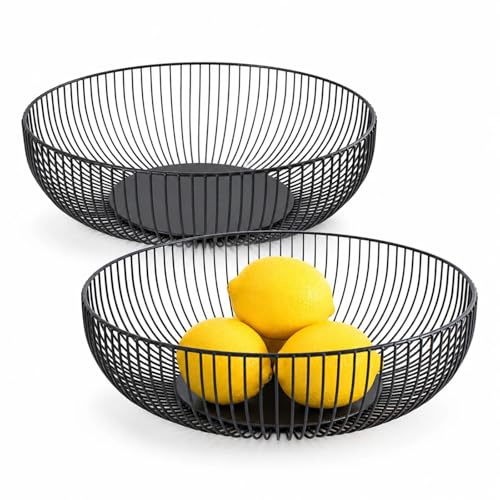Cycayit Obstschale Obstkorb Draht Metall Schwarz 2er Pack 28 cm Modern | Runder Drahtkorb für Küchentheke und Esstisch – Brotkorb aus Metall mit Schutzbeschichtung, EVA-Antirutschpads, Tischdeko