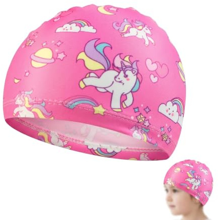 Cuffia Piscina Bambina e Bambino in Tessuto Morbido, Cuffia Nuoto Bambini con Disegno Unicorno Arcobaleno, Taglia Unica Elastica per Neonati e Bambini 1-8 Anni, Ideale per Mare e Piscina