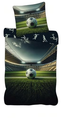 Fußball Bettwäsche Stadion Jungen 135x200 + 80x80 – 100% Baumwolle | Kinderbettwäsche wendbar | Oeko-Tex | Maschinenwaschbar | Jungen & Mädchen | Einzelbett | 6-14 Jahre
