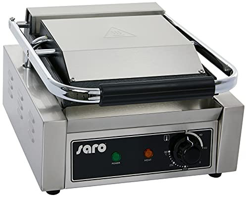 SARO Kontaktgrill mit gerillter Grillplatte – Gusseisenplatte – Edelstahlgehäuse – Wärmeisolierter Griff – Temperaturregelung 50–300 °C – Auffangschale – 1,8 kW – Modell PG 1