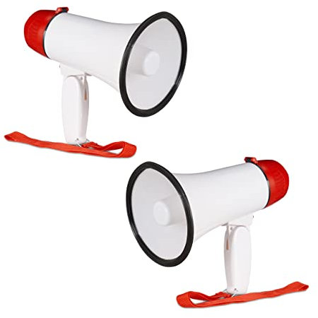 Relaxdays 2X Megafon Stadion, Bullhorn mit klappbarem Griff und Schlaufe, lustiger Ole Sound, Megaphon, 10 Watt, rot/weiß