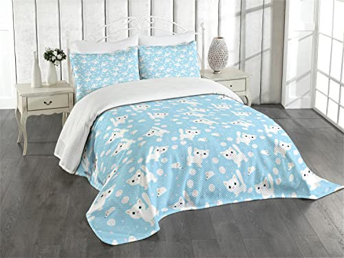 ABAKUHAUS Baby Tagesdecke Set, Amusing Cat mit Garn, Set mit Kissenbezügen Sommerdecke, für Einzelbetten 170 x 220 cm, Creme Blau