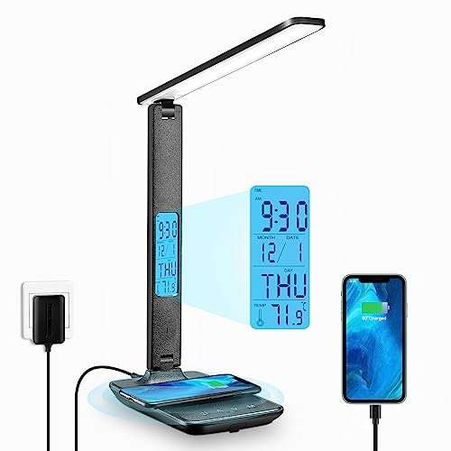 Lampada da Scrivania a LED con Ricarica Wireless e Porta di USB,LAOPAO Lampada da Tavolo Pieghevole Protezione Degli Occhi, Dimmerabile,Controllo Touch con Ora, Temperatura, Orologio e Memoria (Nero)