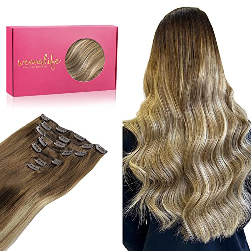 WENNALIFE Clip in Extensions Echthaar, 55cm 22 Zoll 120g 7pcs Ombré Walnuss Braun bis Ash Braun und Bleach Blonde Hair Extensions Remy Clip in Echthaar Verlängerung Natürliche Echthaar Extensions