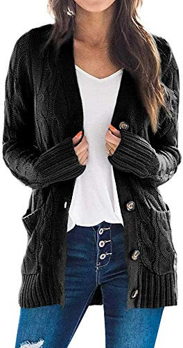 Maavoki Strickjacke Damen Herbst Cardigan mit Knopfleiste Langarm Strick Warm Winter Strickmantel mit Taschen, Schwarz M