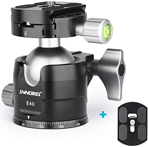 Flacher Stativ-Kugelkopf-INNOREL Panorama-CNC-Metall-Kamerastativ-Kugelkopf mit 1/4 Arca Swiss L-Plate-Halterung und Q.R-Platte für Stative,Einbeinstativ,DSLR,Camcorder,Maxlast 20kg E40