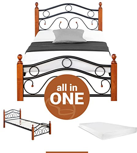 Homestyle4u 2269, Metallbett mit Lattenrost Matratze 90x200 cm Bettgestell Schwarz Braun Holz Einzelbett Tagesbett