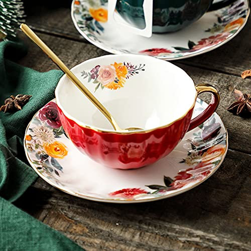 Juego de tazas y platillos de té, taza de café floral de 8 onzas con borde dorado y cuchara, tazas de café británicas de porcelana, tazas de café espresso para bebidas de café especiales, latte, café