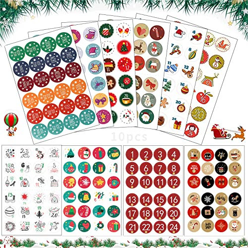 10pcs Aufkleber Weihnachten Adventskalender, Adventskalender Zahlen Aufkleben runde Zahlenaufkleber, Adventskalender Zahlen Aufkleber, Weihnachten Zahlen Sticker zum Basteln und Dekorieren (B)