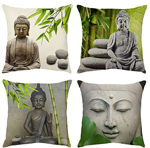 OCEUMACO Leinen Kissenbezug 45x45 Zen Orientalisch Buddha Kissenhülle 4er Set Quadratisch Sofakissen Dekokissen Bezug für Couch Sofa Yoga Kissen Kissenbezüge Outdoor Deko Zierkissen Couchkissen