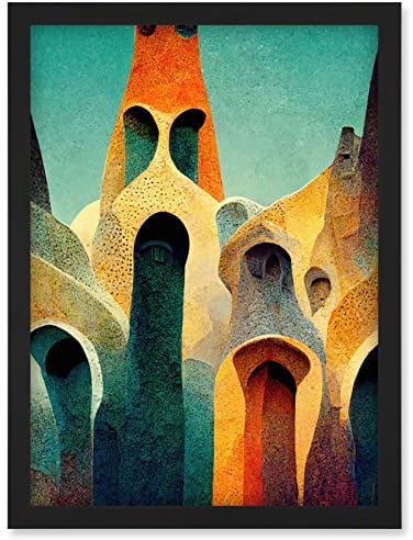 Doppelganger33 LTD Colourful Modern Painting Gaudi Style Architecture Sagrada Familia Artwork Framed Wall Art Print A4