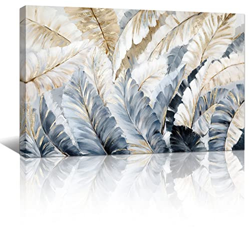 FajerminArt Großes Leinwand Bilder Abstrakte Weiße Goldgraue Feder bild auf Leinwand Bild Modern leinwandbilder Wandbilder XXL Kunstdruck Deko für Wohnzimmer Schlafzimmer 90x60cm