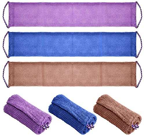 Laughhe 3 Pcs Duschschwamm mit Stiel, Peeling-Waschhandtuch 75 x 14 cm Afrikanische Badeschwämme Nylon Rückenschrubber für Damen und Herren, Körperwaschzubehör, Lila, Blau, Kaffeebraun