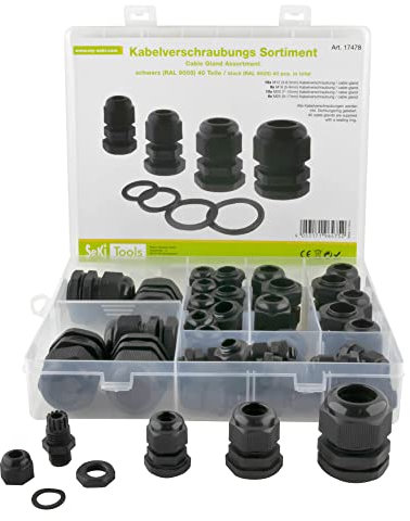 SeKi Kabelverschraubung Sortiment, 40 teilig, M12, M16, M25 und M25 schwarz inkl. Gegenmutter und Dichtungsring; IP68 wasserdicht Kunststoff Cable Gland