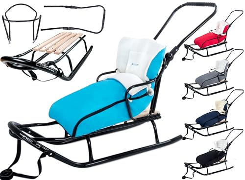 GagaDumi Oslo Schlitten aus Metall mit Rücklehne mit Sicherheitsgurte Schubbügel und Fußsack Babyschlitten Rodel Ideal für Kinder und Erwachsene Belastung bis 120 kg Türkis