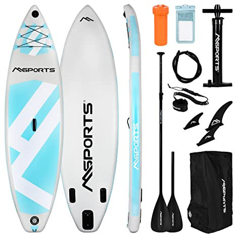 MSPORTS SUP - Stand Up Paddling Board - Aufblasbar Komplettes Paddleboard Zubehör Verstellbares Paddel, hochwertige Pumpe + 2X Paddelstock + wasserdichte Smartphone Tasche + Multifunktionstasche