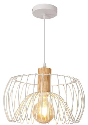 Tealight Hängelampe Retro E27 Hängeleuchte Moderne Skandinavisch Deckenleuchte aus Metall Holz Pendelleuchte für Schlafzimmer Esszimmer Küche, Weiß
