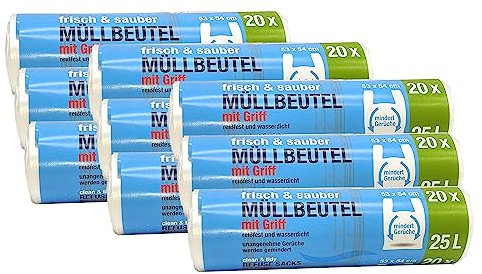 sunmando Müllbeutel Premium-Edition - Reißfest, wasserdicht, mit Tragegriff für einfache Entsorgung und saubere Mülltrennung (25 Liter - 9 Rollen)