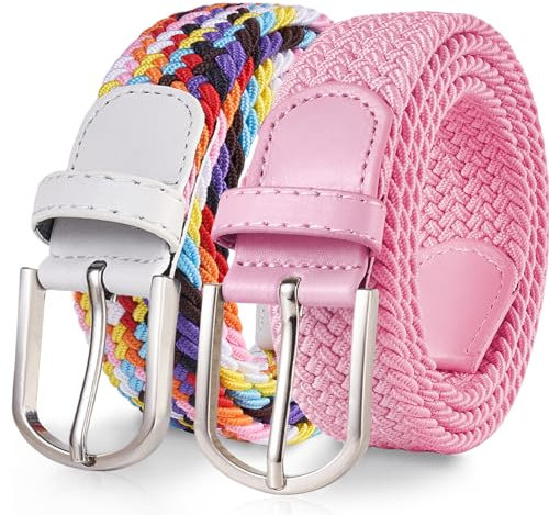 TANGCHAO 2 Stücke Stoffgürtel Stretchgürtel Elastik Flechtgürtel Geflochtener und Elastischer Dehnbarer Gürtel für Damen und Herren Breite 3.3cm Mehrfarbig+Rosa 100cm