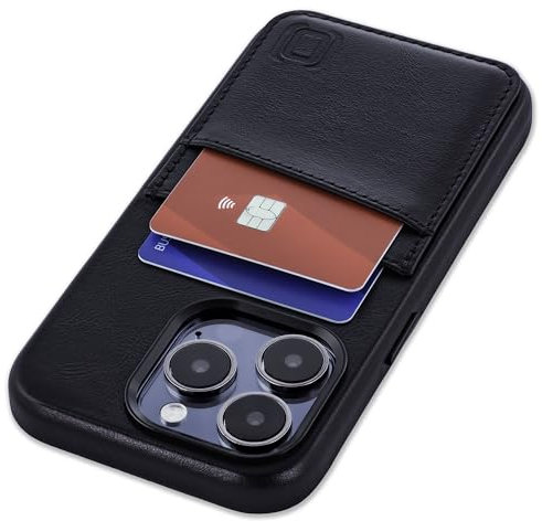 Dockem Genuine Leather Card Case for iPhone 15 Pro with Built-in Metal Plate for Magnetic Mounting, Stitched-on Wallet with 2 Credit Card Pockets (Black, M2GL)