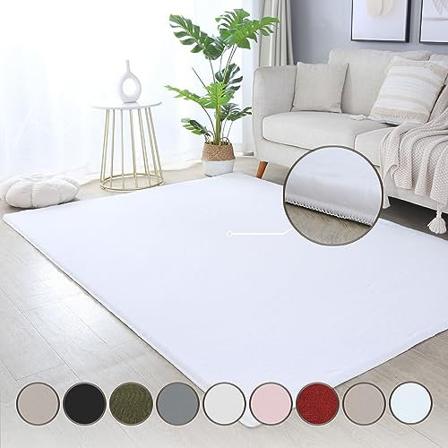 HomebyHome Teppich Wohnzimmer 160x230 cm Weiss Waschbarer Hochflor Flauschiger Teppiche Einfarbig Moderne Design - Küchenteppich Waschbar Shaggy Extra Weich Teppich für Schlafzimmer Kinderzimmer