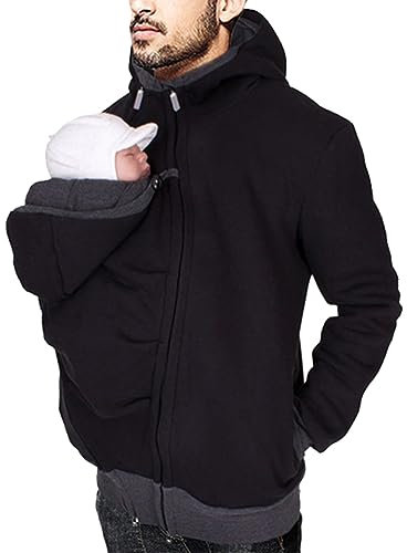 Oanviso Känguru Hoodie für Herren Babytrage Pullover Warme Babytrage Mantel Langarm Kapuzenjacke Känguru Shirt für Papa und Baby 2 in1 Tragejacke Männer Comfort Kängurujacke A Schwarz L
