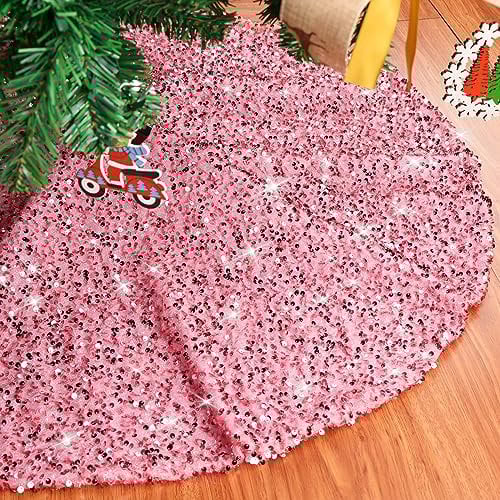yuboo Pink Christmas Tree Skirt, 36 inches Glitter Candy Mothers Day Tree Skirt Mat Blush Pink Christmas Mothers Day Decor Decorations for Slim Pencil Trees