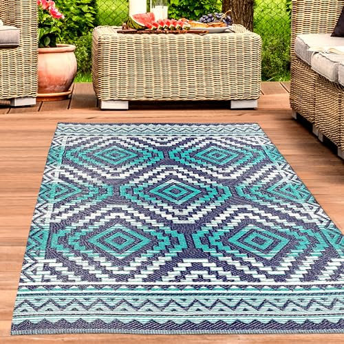 CARPETIA Kunststoff Outdoor Teppich wetterfest leicht modern Gartenteppich Terrassenteppich Balkon Azteken Muster türkis-blau 120 x 170 cm