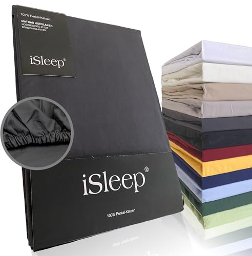 iSleep Spannbettlaken Perkal 100% Baumwolle (anthrazit, 90x200 cm)