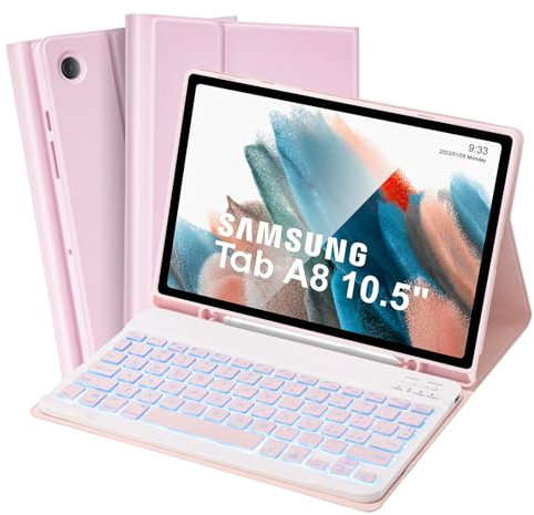 SOPPY Custodia per Tastiera Samsung Galaxy Tab A8, 7 Colori Retroilluminata, Italiano QWERTY, Custodia con Tastiera Rimovibile per Samsung Galaxy Tab A8 10,5 2022/2021 (SM-X200/X205/X207), Rosa