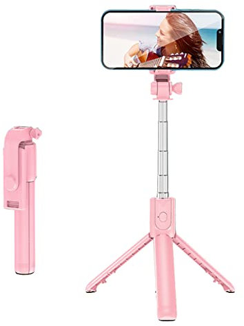 Live-Video-Telefonstativ, Edelstahl-Selfie-Stick, Tragbar, Zusammenklappbar, Selfie-Stab, Live-Video-Selfie-Stick-Stativ mit Fernbedienung (PINK)