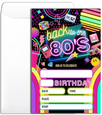 B002 Geburtstagsparty-Einladung Back To The 80s - 20 Retro 1980er-Jahre, Neon-Thema, Party-Einladung, mit Umschlägen, für Damen und Herren, Party-Einladungskarten, 10,2 x 15,2 cm