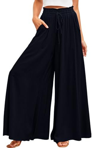 ALSOGO Weite Hosen Damen-Lässig Locker Hohe Taille Palazzo Elegante Einfarbig Hose mit Tasche Kordelzug Schwarz M