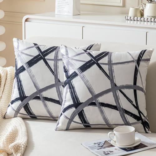 Cheekywares Kissen 40 x 40 Schwarz und Grau Kissenbezug Samt Sofakissen Geometrische Moderne Abstrakte Couchkissen Dekokissen Zierkissenbezug Deko Kissenhülle für Garten Sofa Wohnzimmer Bett 2er Set
