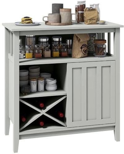 HOMCOM - Mueble de Almacenamiento para aparador, Cocina, con Estante Ajustable, portabotellas, Puerta corredera, 2 Filas, portavasos y nicho Abierto, 80 x 40 x 82 cm, Color Gris