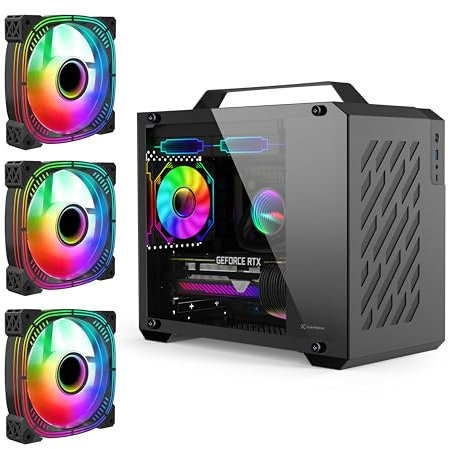 MAQUY Black Micro-ATX PC case with Detachable Carrying Handle, 3Pack 120mm Fans preinstalled, mini Tower Computer case with Cable Management, Small ITX Desktop pc Chassis Compatible with 240mm AIO