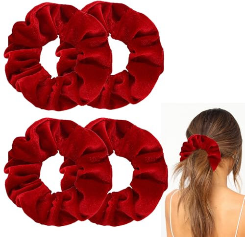 4 Stück Scrunchies Samt, Samt Haargummis Damen Samt Elastisch Haarbänder Weich Haarschmuck Stylische Zopfgummis Pferdeschwanz Halter für Frauen Mädchen Party Reisen Schulen Waschen Gesichts(Rot)