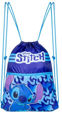 Disney Stitch Kinder Kordelzug Turnbeutel, Schwimmtasche, Gym Bag, Sporttasche - Geschenke für Kinder Stauchfach mit Reissverschluss (Blau)