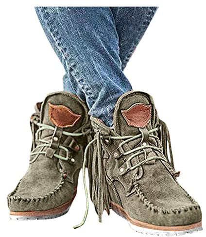 Dasongff Stivali da donna Western Santiags con frangia vintage stivali da cowboy indiani tacco piatto con ghiande punta rotonda con stivali, elegante, slip-on da cowgirl occidentale retrò stivali