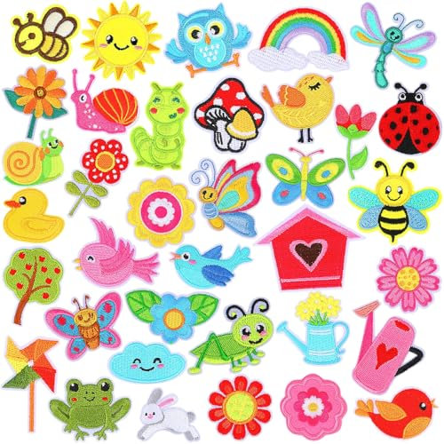 AUGSUN 36 Stück Frühlingsblumen zum Aufbügeln, Schmetterling, Tier, Garten, bestickt, zum Aufnähen, Reparatur-Flicken für Kleidung, Jacken, Jeans, Hosen, Kleider, Rucksäcke, Hüte, Dekorationen